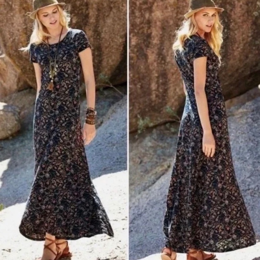 Peruvian Connection Arabesque T-Shirt Dress Women Small Floral Pima Cotton Maxi